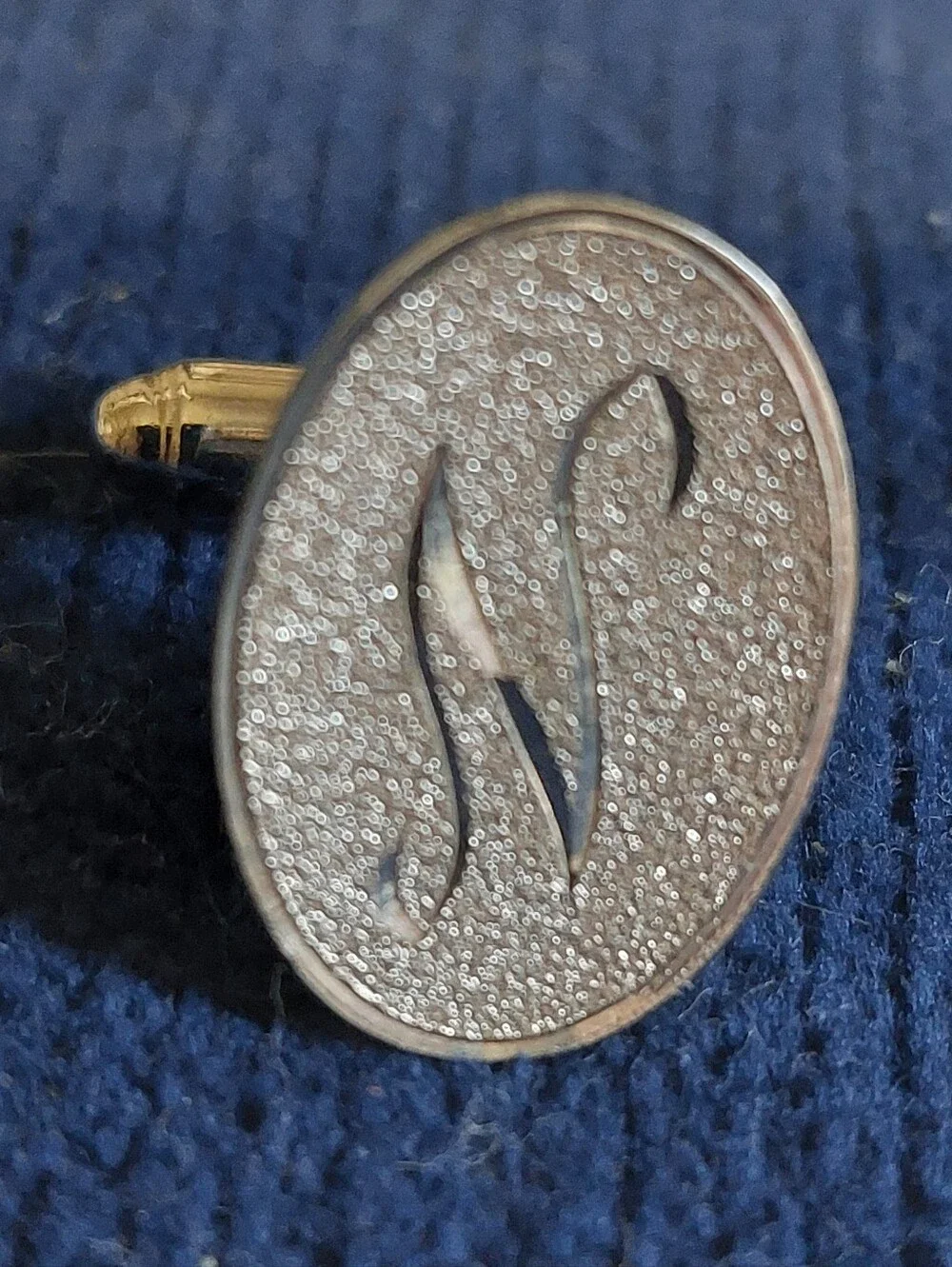 Vintage Estate Monogram Initial N Oval Silver Tone Cufflinks Textured Etched